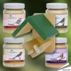Erdnussbutter für Wildvögel - Set (4 x 300ml) & Glashalter aus Holz