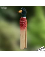 DecoClip - Ente von Wildlife Garden. Handgeschnitzte Holz-Wäscheklammer mit grünem Kopf, gelbem Schnabel und rotbrauner Brust. Ca. 18 x 27 x 101 mm.