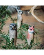 Set aus 3 handgeschnitzten Waldtieren: Fuchs, Eule und Hase. Für Weihnachtsbaum, Zimmerpflanzen und Dekozweige von Wildlife Garden.