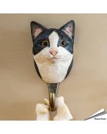 Handgemachter Holz-Kleiderhaken mit Katzen-Kopf (schwarz-weiß) ✔️ Naturgetreu bemalt ✔️ Geschenkidee für Katzen- und Naturliebhaber ➤ Bestelle im Alles für Vögel Shop
