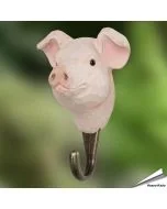 Handgeschnitzter Kleiderhaken Schwein von Wildlife Garden mit rosa Schweinekopf und Metallhaken für Kleidung, Taschen und Accessoires.