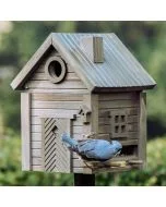 Kleiber mit blaugrauem Gefieder und schwarzem Augenstreif an der Futteröffnung des Multiholk Grüne Umbra von Wildlife Garden, mit rundem Einflugloch und braungrüner Holzfassade.