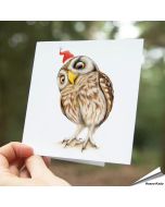 Fröhliche Weihnachtskarte mit dem Steinkauz in Feierstimmung ✔️ Hand gezeichnet ✔️ Doppelkarte mit leerem Inneren ✔️ FSC-Papier ➤ Alles für Vögel Shop