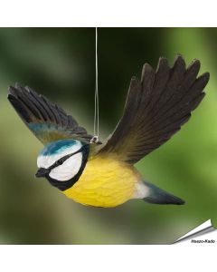 Fliegende Blaumeise | Handgeschnitzter Holzvogel