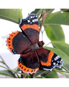 DecoButterfly Admiral von Wildlife Garden als Holzschmetterling zwischen grünen Blättern, mit dunkelbraunen Flügeln, orangefarbenen Binden und weißen Flecken.