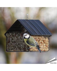 Schwarzer Erdnuss-Futterspender von Wildlife Garden für Erdnüsse und Suet Pellets. 1,2 Liter Inhalt, aus pulverbeschichtetem Stahl. Ca. 12,5 x 15,4 x 13,7 cm.