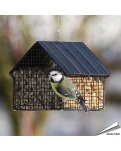 Schwarzer Erdnuss-Futterspender von Wildlife Garden für Erdnüsse und Suet Pellets. 1,2 Liter Inhalt, aus pulverbeschichtetem Stahl. Ca. 12,5 x 15,4 x 13,7 cm.