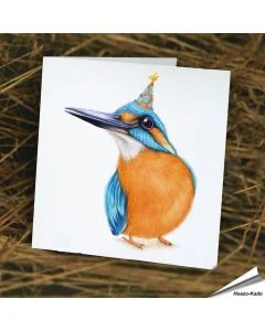 Atemberaubende Geburtstagskarte mit Eisvogel im Partylook ✔️ Handgezeichnet ✔️ Doppelkarte blanko ✔️ FSC-Papier ➤ Jetzt bei Alles für Vögel bestellen