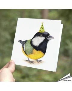 Fröhliche Geburtstagskarte mit der Kohlmeise in Partystimmung ✔️ Hand gezeichnet ✔️ Doppelkarte mit leerem Inneren ✔️ FSC-Papier ➤ Alles für Vögel Shop