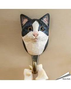 Handgemachter Holz-Kleiderhaken mit Katzen-Kopf (schwarz-weiß) ✔️ Naturgetreu bemalt ✔️ Geschenkidee für Katzen- und Naturliebhaber ➤ Bestelle im Alles für Vögel Shop