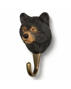 Kleiderhaken Schwarzbär von Wildlife Garden mit handbemaltem schwarzem Bärenkopf, brauner Schnauze, runden Ohren und messingfarbenem Metallhaken.