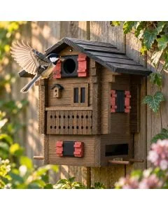Kohlmeise im Anflug auf das Einflugloch des Multiholk Alpenhaus von Wildlife Garden, an einem Holzzaun im sonnigen Garten befestigt.