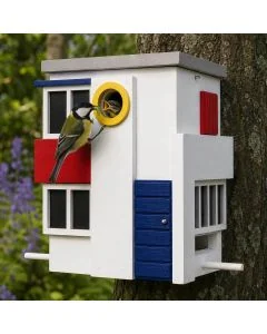 Multiholk De Stijl von Wildlife Garden kombiniert Nistkasten und Futterhaus in einem. Mit 32-mm-Einflugöffnung und Design im Stil der Kunstbewegung De Stijl.