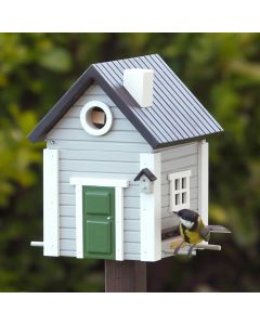 Multiholk Graues Haus von Wildlife Garden kombiniert Nistkasten und Futterhaus in einem. Mit hellgrauer Fassade, 32 mm Einflugöffnung und skandinavisch inspiriertem Design.