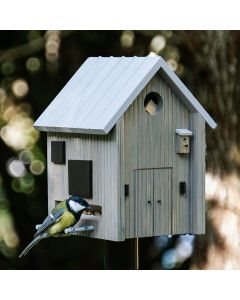 Kohlmeise an der Futteröffnung des Multiholk Modern Nordic von Wildlife Garden, einem grauen Vogelhaus mit hellem Satteldach auf einem Pfosten im Garten.