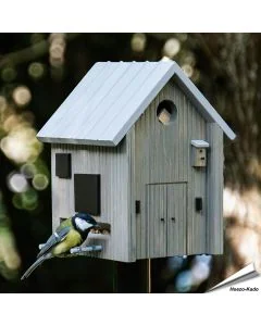 Multiholk Modern Nordic von Wildlife Garden kombiniert Nistkasten und Futterhaus in einem. Graues Vogelhaus für kleinere Gartenvögel im modernen nordischen Design.