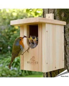 Artgerechter Nistkasten für Nischenbrüter wie Rotkehlchen & Co. ✔️ Halbhöhle ✔️ Verschraubtes Massiv-Holz nach NABU ➤ Bestelle bei www.allesfuervoegel.de