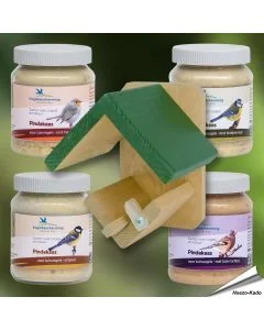 Erdnussbutter für Wildvögel - Set (4 x 300ml) & Glashalter aus Holz