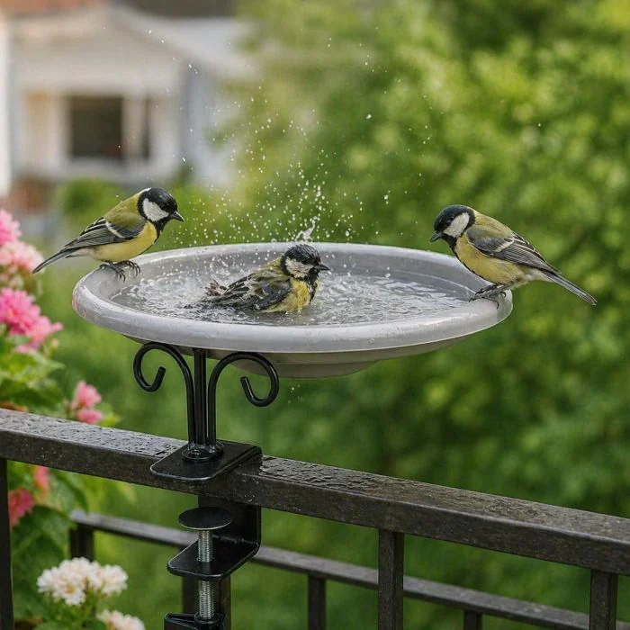 Balkon Vogelbad für Wildvögel ✔️ Auch als Futterschale geeignet ✔️ Stabile Metall-Konstruktion ✔️ Verstellbar bis 5,7cm Geländerdicke ➤ Online bei Alles für Vögel