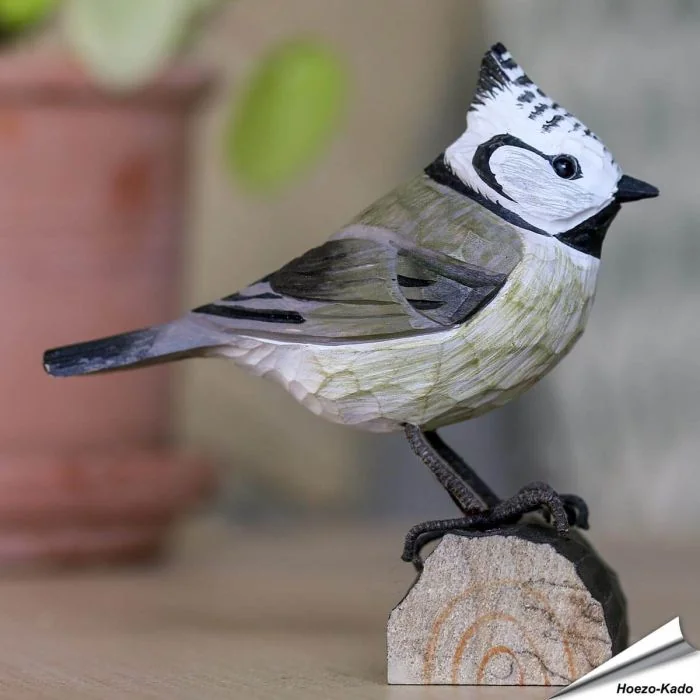 Haubenmeise (Lophophanes cristatus) | Handgeschnitzter Holzvogel