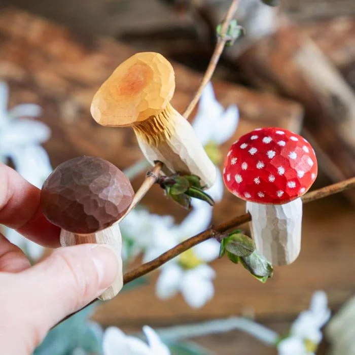 Forest Décor Paddenstoelen van Wildlife Garden met 3 handgesneden houten modellen: vliegenzwam, cantharel en eekhoorntjesbrood voor takken en planten.