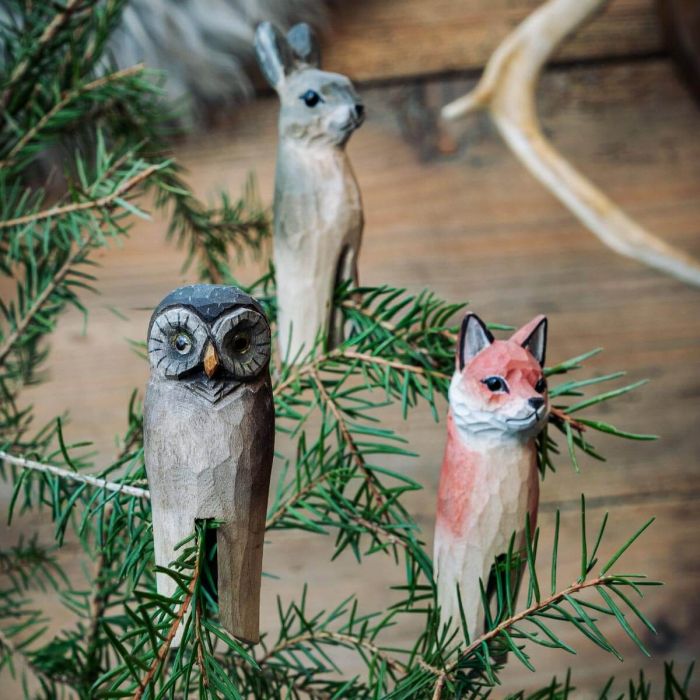 Set aus 3 handgeschnitzten Waldtieren: Fuchs, Eule und Hase. Für Weihnachtsbaum, Zimmerpflanzen und Dekozweige von Wildlife Garden.
