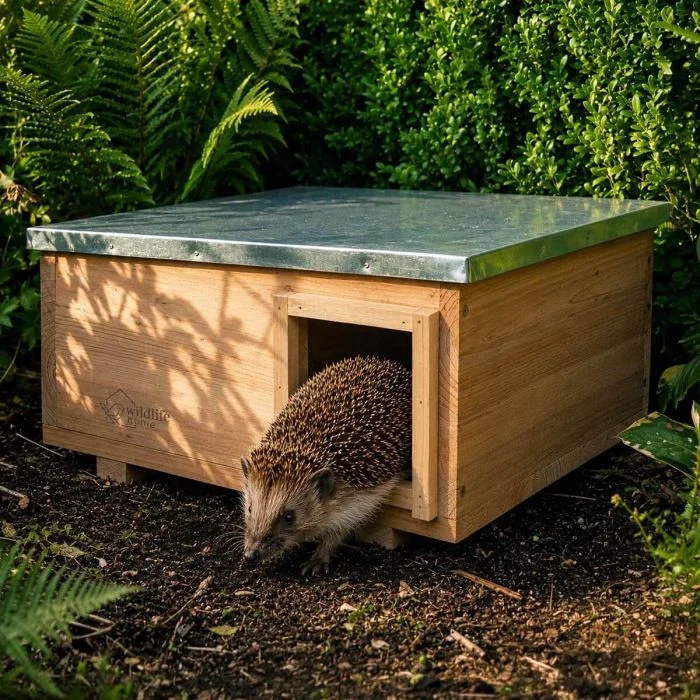 Igelhaus XL von Wildlife Home aus Holz mit Metalldach, zwischen grünen Gartenpflanzen aufgestellt, während ein Igel aus dem Eingang herausläuft.