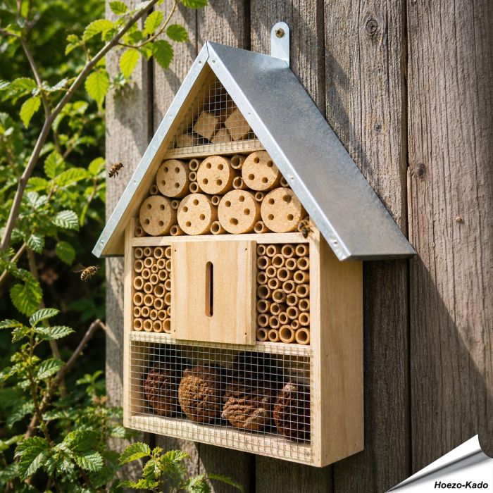 Insektenhotel aus Kiefernholz gefertigt ✔️ Mit Zinkdach ✔️ Mit natürlichen Füllmaterialien ✔️ Eingebaute Metall-Aufhängung ➤ Bestelle direkt bei Alles für Vögel