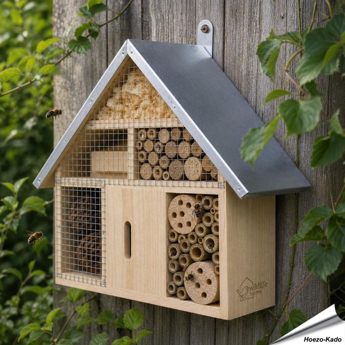 Insektenhotel gefertigt aus Kiefernholz ✔️ Mit Zinkdach ✔️ Mit natürlichen Füllmaterialien ✔️ Eingebaute Metall-Aufhängung ➤ Bestelle jetzt bei Alles für Vögel
