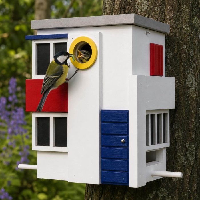 Multiholk De Stijl von Wildlife Garden kombiniert Nistkasten und Futterhaus in einem. Mit 32-mm-Einflugöffnung und Design im Stil der Kunstbewegung De Stijl.