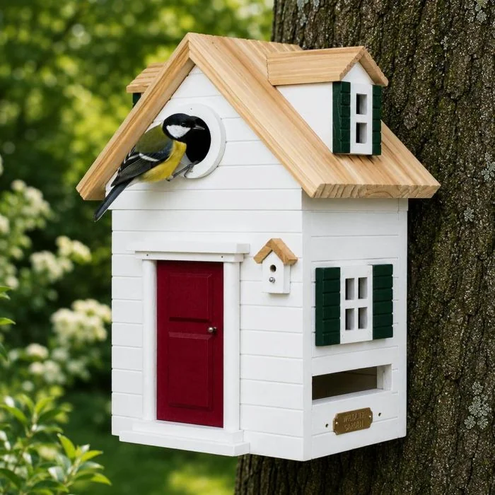 Multiholk New England von Wildlife Garden kombiniert Nistkasten und Futterhaus in einem. Mit 32-mm-Einflugöffnung und Design im Stil der Architektur Neuenglands.