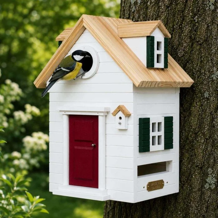 Kohlmeise am runden Einflugloch des Multiholk New England von Wildlife Garden, einem weißen Vogelhaus mit roter Tür, grünen Fensterläden und hellem Holzdach an einem Baumstamm.