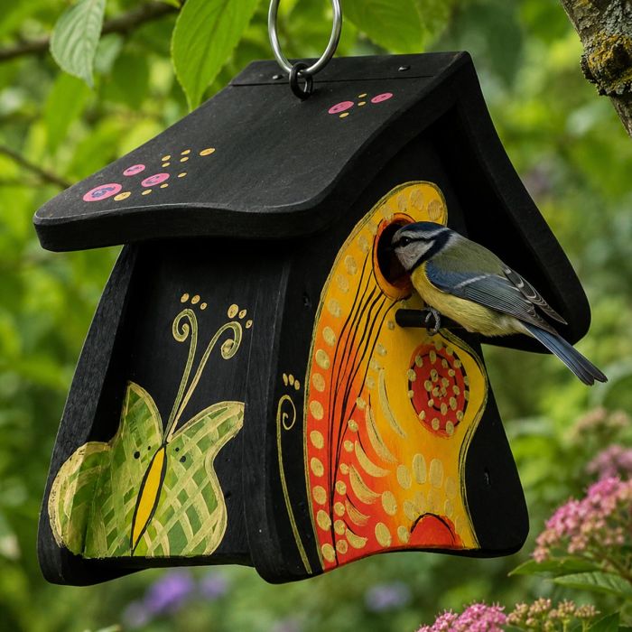 Handbeschilderde houten Nestkast Hobbit Papillon van ca. 23 x 21 x 21 cm met invliegopening van 30 mm. Geschikt voor onder andere pimpelmees en kuifmees.