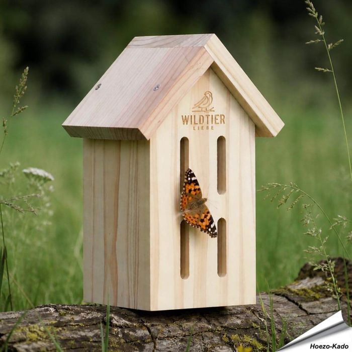Schmetterling-Hotel aus Holz ✔️ Mit schmalen, vertikalen Öffnungen ✔️ Naturbelassene, verschraubte Konstruktion aus FSC-Holz ➤ Bestelle jetzt bei Allesfuervoegel.de