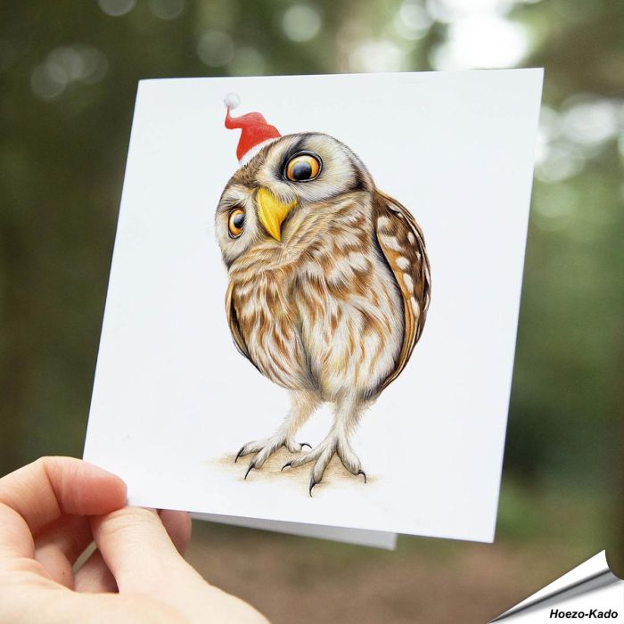 Fröhliche Weihnachtskarte mit dem Steinkauz in Feierstimmung ✔️ Hand gezeichnet ✔️ Doppelkarte mit leerem Inneren ✔️ FSC-Papier ➤ Alles für Vögel Shop